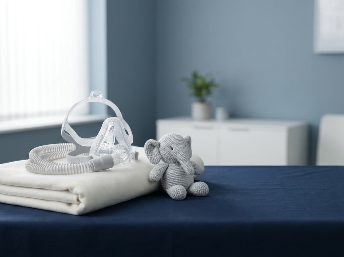 Illustrative image: CPAP mask and a knitted toy elephant on a folded blanket in a calm consulting room