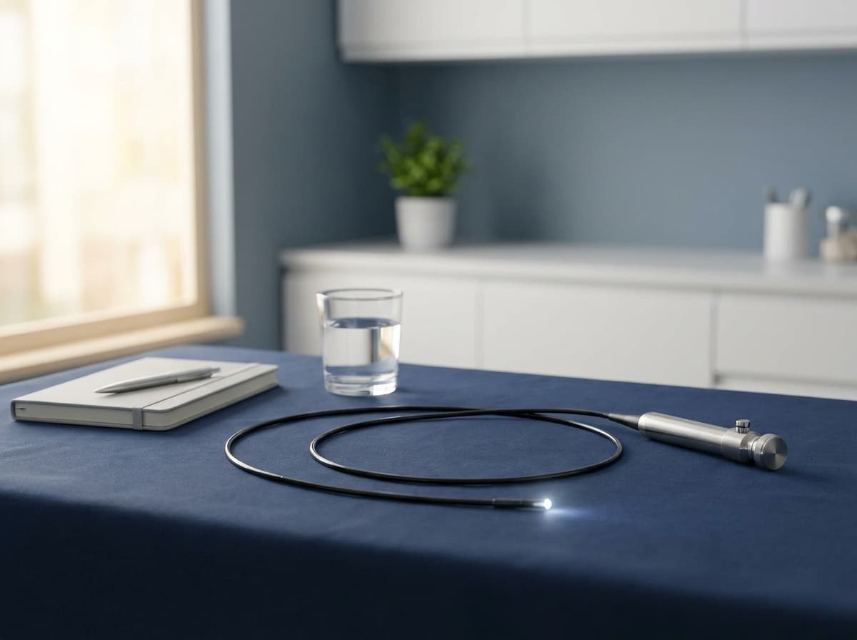 Illustrative image: Flexible nasendoscope used to examine the throat and voice box, beside a glass of water in a consulting room