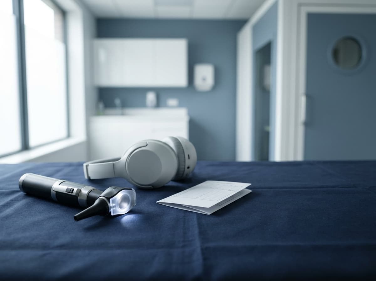 Illustrative image: Otoscope, audiology headphones and a hearing test card in front of a sound booth