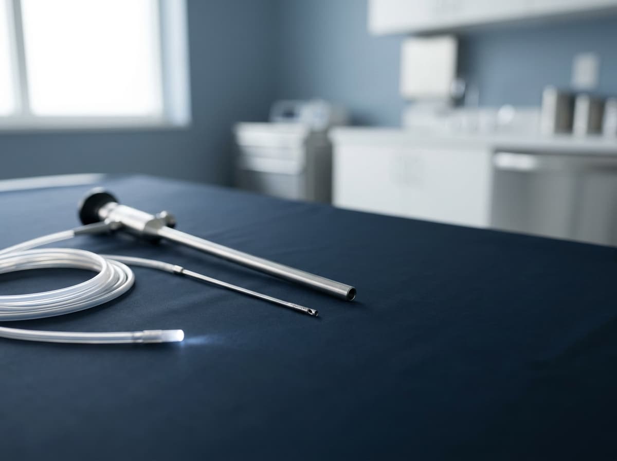 Illustrative image: Sinus endoscope and miniature sialendoscope laid out on a navy surgical drape
