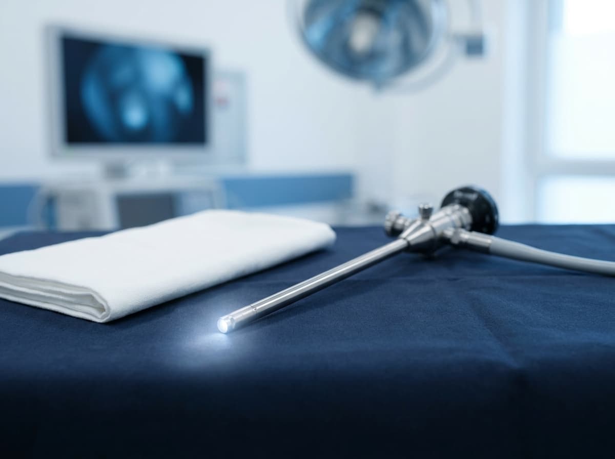 Illustrative image: Rigid endoscope with a glowing tip on a navy drape in a modern operating theatre